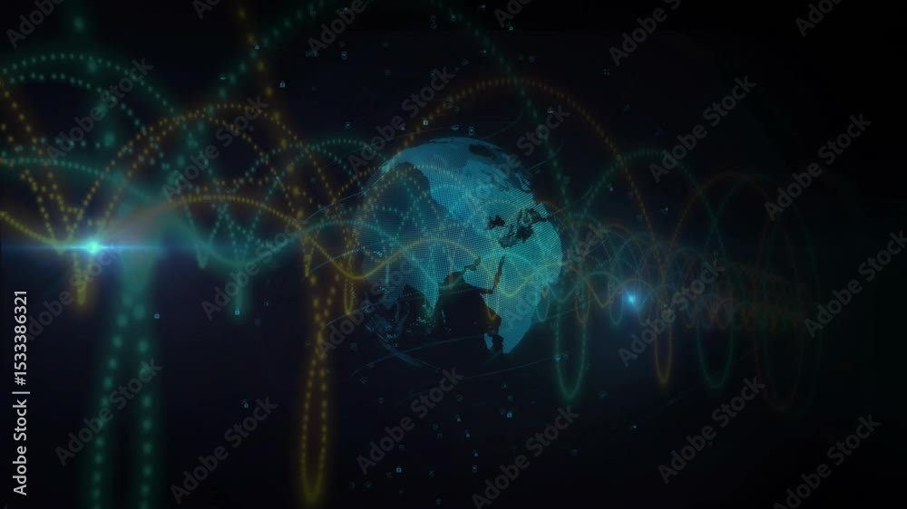 Poster point appearing sending waveforms rippling while digital globe rotating to visualize network