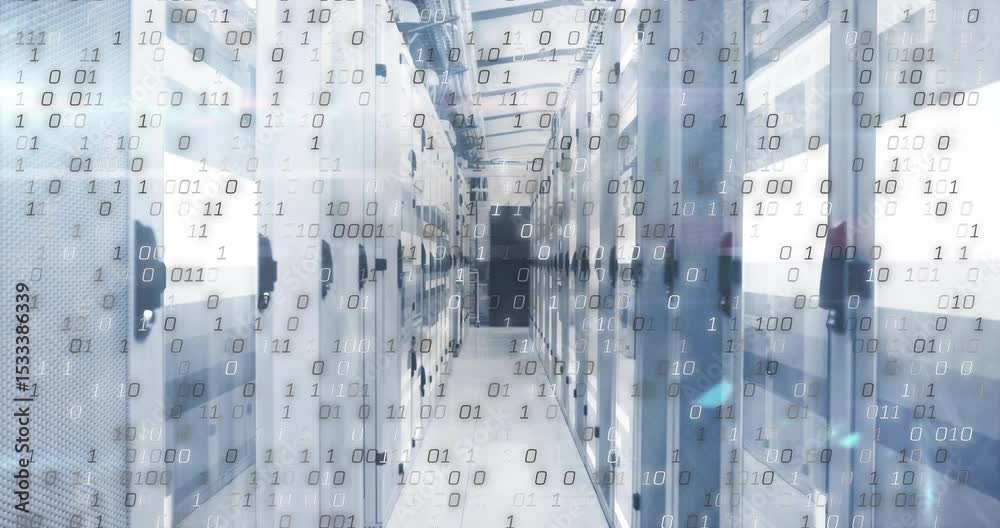 Poster Camera moving through server aisle, drifting binary streams syncing lights, visualizing data flow