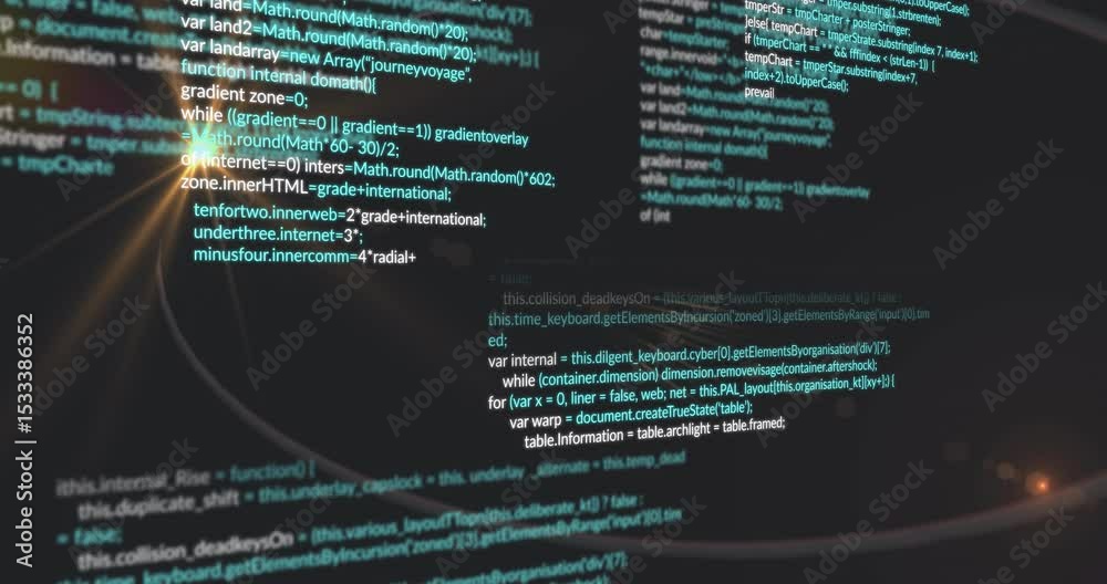 Poster flare brightening initiating code columns fading sliding elliptical trails revealing code logic