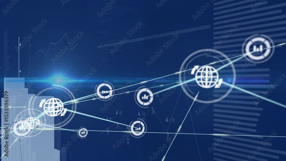Poster Central glow sparking globe node expanding into pulsing analytics network with spawning data icons