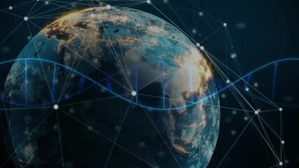 Upon node activation Earth rotating as DNA helix sweeping across globe visualizing genetic network - Powered by Adobe