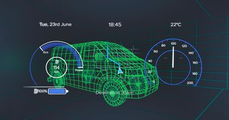 Battery icon reaching full charge starting wireframe van driving toward 35km with pulsing Eco gauge - Powered by Adobe