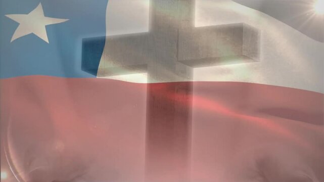 Opening Chilean flag flapping cross overlay, light rays gliding revealing stone cross in faith