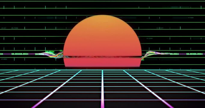 On start waveforms growing amplitude and shifting colors visualizing live data over neon grid - Powered by Adobe