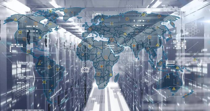 Map silhouette fading on cabinets starting code streaming and node symbols blinking for monitoring