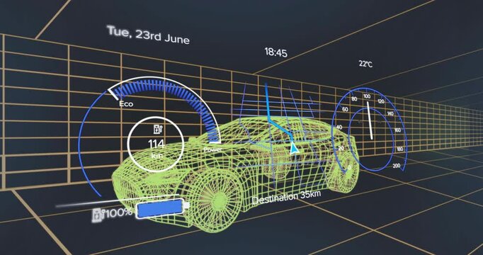 Simulating wireframe car battery charging then discharging showing range, Eco gauge, speed rising