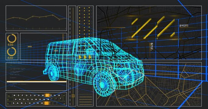 After one-second delay neon-blue wireframe van sliding panels visualizing telemetry then retracting