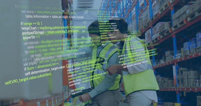 Warehouse workers selecting boxes and scanning as tablet verifying inventory and code flowing - Powered by Adobe