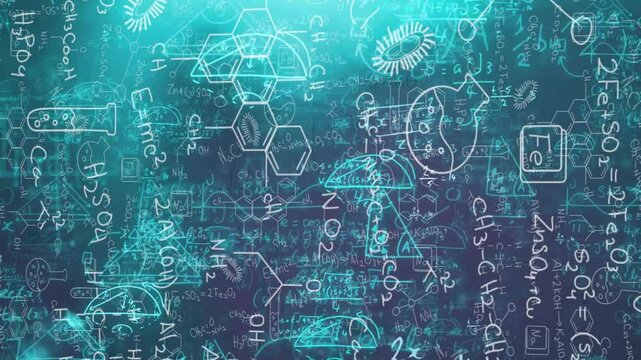 As flask outlines emerging, science icons floating illustrating chemical reactions on teal glow
