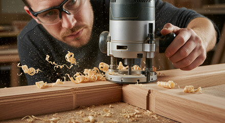 Woodworker Using Router Tool in Workshop