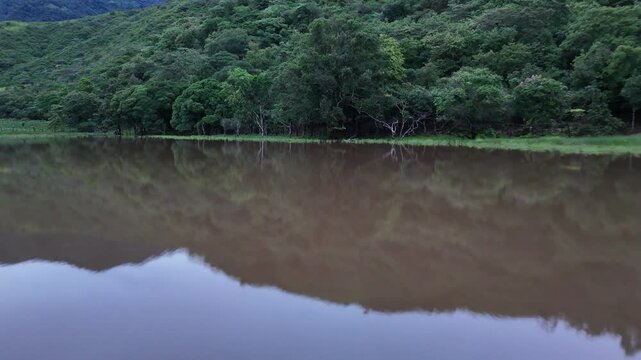 Reflections of green forest on still water during a calm rainy day in the highlands of Ng&auml;be-Bugl&eacute;