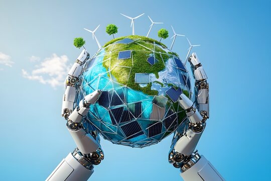 Robot hands holding earth with renewable energy sources for sustainability