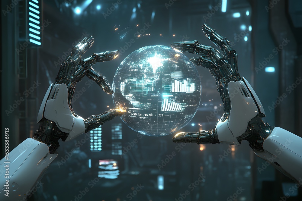 Poster robotic hands displaying a glowing sphere of digital data in a futuristic technological scene