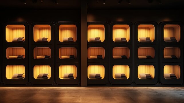 Interior of capsule hotel with clean floors, dark panels, and ambient spotlights