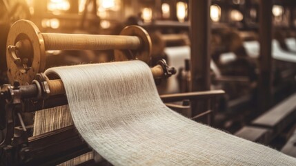 Textile factory with weaving machines in motion, fabric threads stretched across large looms