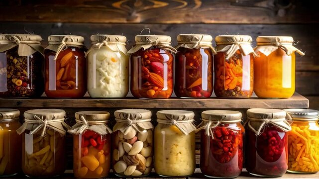 Glass canning jars filled with colorful pickled vegetables and fruit preserves arranged on rustic wooden shelves