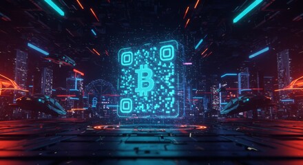 Scan QR code for payment, crypto coin symbol, futuristic background