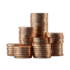Stacks of shiny copper coins on transparent background