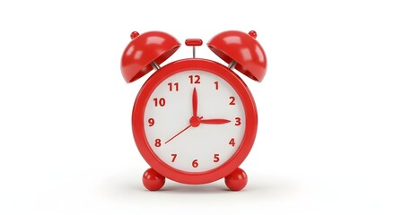 High-quality 3D red alarm clock icon in cartoon plastic style, cute proportions, shiny plastic texture, small round feet, twin bells, centered on white background, minimal design, perfect for mobile 