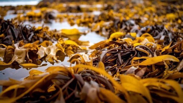 Close-up of golden and brown seaweed lying in tidal pool, showing intricate patterns and textures on a beach against a blurry background.
