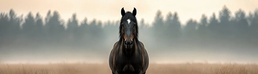 A black horse stands calmly in a misty field with a forest backdrop, creating a serene and mysterious natural scene at dawn.