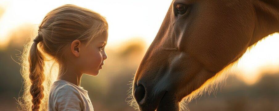 A young girl with braided hair shares a close, gentle moment with a horse at sunset, highlighting a tender bond between human and animal.