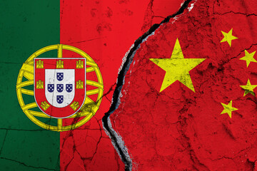 San Marino and China Split on Textured Surface Symbolizing Collaboration. Torn Flags Between China...