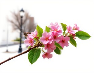 Obraz premium Pink Blossoms on Branch with Cityscape