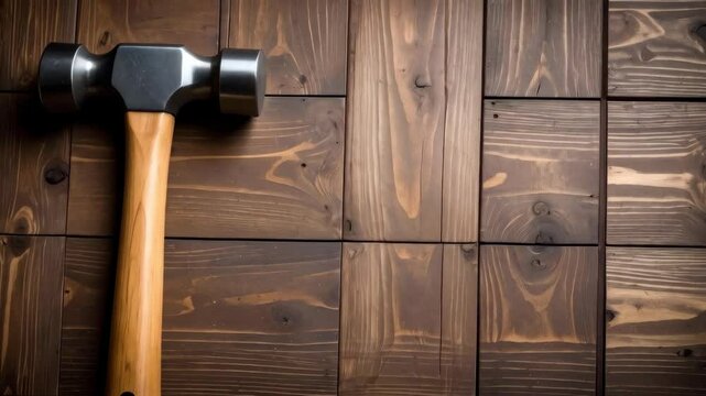 Studio shot of a shiny steel mallet hammer with a light wooden handle laying on a dark wood plank surface forming a pattern.