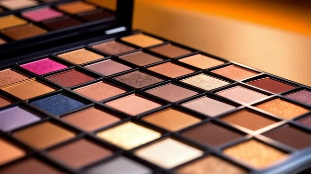 Professional multi-colored eyeshadow makeup palette with matte and shimmer shadows, arranged in rows, showcasing beauty and cosmetic products for eye makeup.
