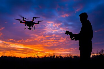 Fototapeta premium Silhouette of a man flying a drone at sunset capturing scenic aerial footage of dramatic sky