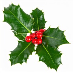 Red Holly Berries and Green Leaves on White