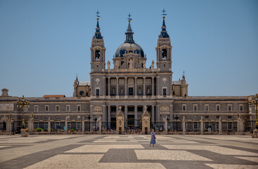 Madrid, Spain - May 30, 2025: Exterior of the Almudena Cathedral in the Centro district of Madrid in Spain
