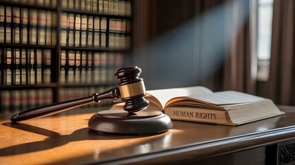 Celebrating World Day for International Justice gavel and human rights legal book