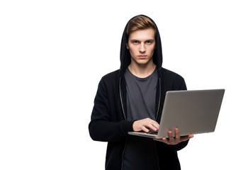 Man in hoodie holding laptop against a transparent background