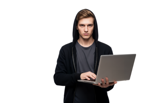 Man in hoodie holding laptop against a transparent background