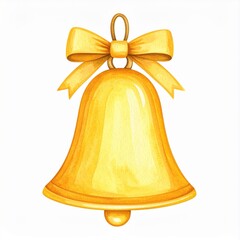 Golden Bell with Yellow Bow on White Background
