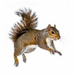 Grey Squirrel in Mid-Jump Against White Background