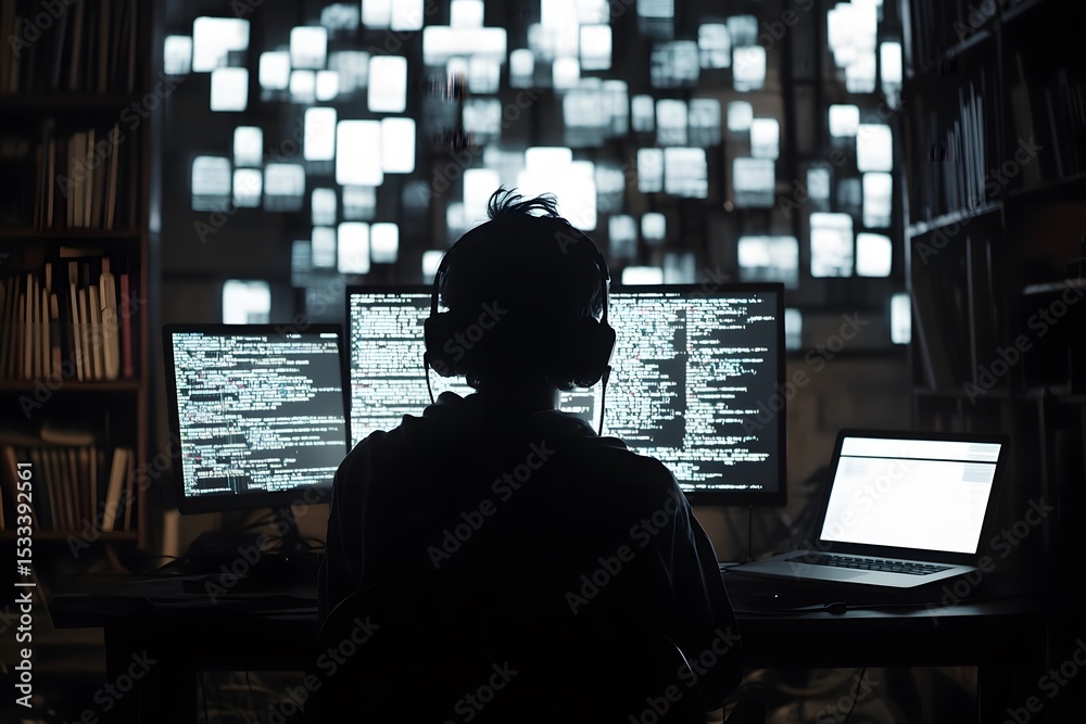 Poster silhouetted figure working on coding computer screens in a dark room with data streams