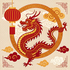 Chinese New Year Theme Background Featuring Golden Dragon Illustration Isolated on Transparent
