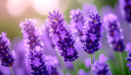 Obraz premium Close-Up of Lavender Flowers with Dew in Morning Light