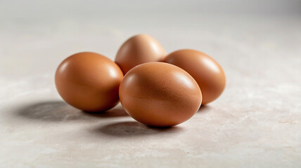 Three fresh brown chicken eggs arranged on a white background, fresh organic food ingredients from the farm, copy space