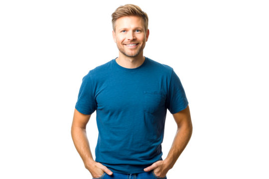 Smiling man in blue t-shirt, hands in pockets, studio shot, transparent background, casual portrait, happy expression, confident pose, isolated image, front view,