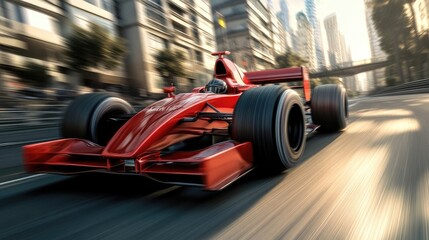Red Formula Race Car Speeds Through City Streets