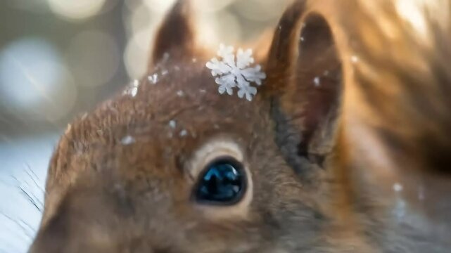 A single snowflake rests gently on the furry edge of a squirrel's ear. The snowflake is hexagonal, sharp-edged, and glitters with an icy fractal pattern
