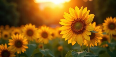 Obraz premium Lone sunflower, sunset glow, vibrant petals, garden backdrop, sunset, nature