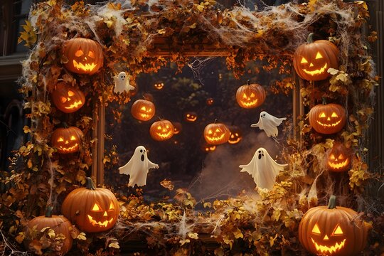 Spooky halloween scene with glowing jack o lanterns ghosts and festive decorations - Powered by Adobe