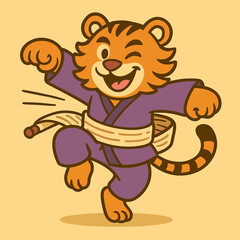 A funny cartoon tiger jumping in a dynamic kung fu pose, winking, with a long kung fu scroll wrapped around its body like a belt. Fluffy fur and purple outfit add charm. Plain background.