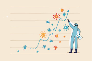 Coronavirus COVID-19 cases spike rising up in winter holiday or cold and fever season concept, medical front line staff standing with spike COVID-19 cases chart or graph with winter snow and virus.
