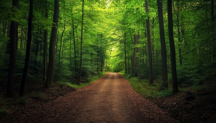 Obraz premium Lush Green Canopy, Dirt Road leading into the woods, Tranquil Nature Escape